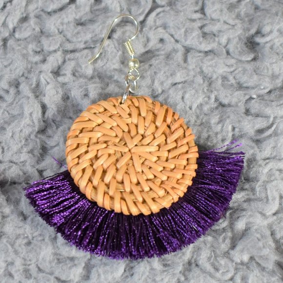 Boho Purple and Wicker Woven Earrings - Picture 6 of 7